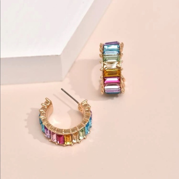 Light Rainbow Cubic Zirconia Hoop Earrings - Picture 3 of 5